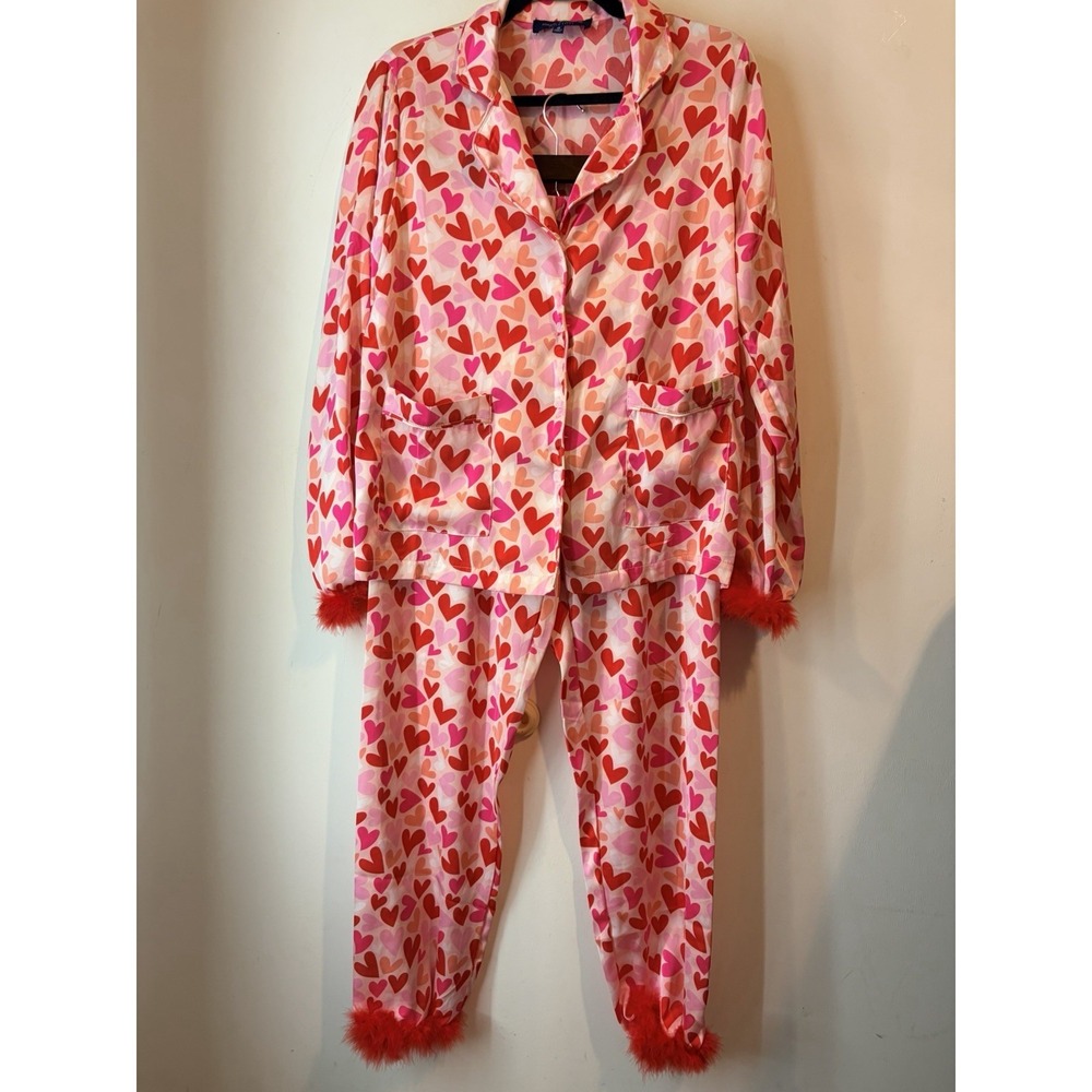 Simply Southern Heart Print Feather Trim Pajama Set Women's Small Pink Valentine